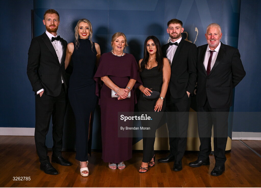 17 October 2025; Attendees, from left, London hurler Conor Byrne, Sinéad Costello, Helen Byrne, Ciara Phelan, David Byrne and Damian Byrne upon arrival at the GAA Champion 15 Awards ceremony at Croke Park in Dublin. Photo by Brendan Moran/Sportsfile