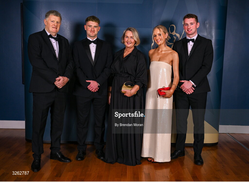 17 October 2025; Attendees, from left, David McGrath, Donal McGrath, Anne McGrath, Neassa McGrath and Kildare footballer James McGrath upon arrival at the GAA Champion 15 Awards ceremony at Croke Park in Dublin. Photo by Brendan Moran/Sportsfile