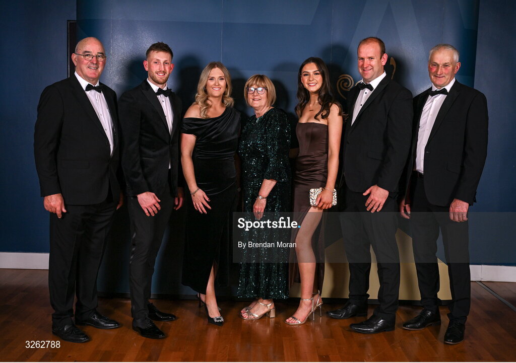 17 October 2025; Attendees, from left, Martin Glynn, Seán Glynn, Eveleen Glynn, Rina Glynn, Amy Geraghty, Kieran Glynn and Brian Glynn upon arrival at the GAA Champion 15 Awards ceremony at Croke Park in Dublin. Photo by Brendan Moran/Sportsfile