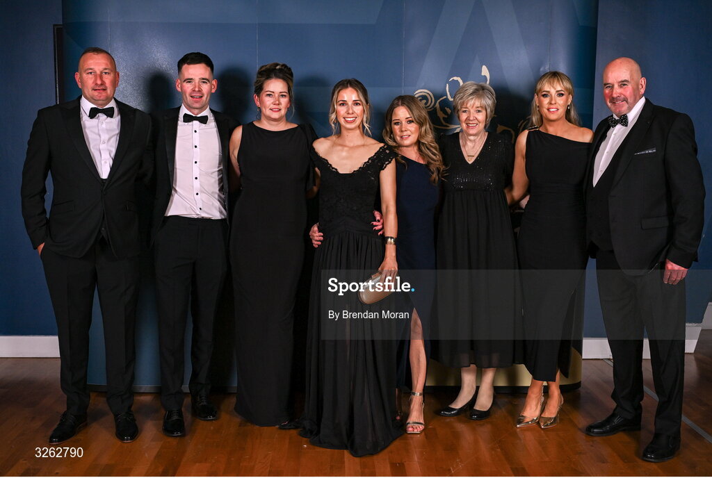 17 October 2025; Attendees, from left, Mark Ryan Carlow hurler Martin Kavanagh, Mairéad Kavanagh, Orla Bugler Tina Kavanagh, Betty Kavanagh, Gemma Ryan and Martin Kavanagh upon arrival at the GAA Champion 15 Awards ceremony at Croke Park in Dublin. Photo by Brendan Moran/Sportsfile