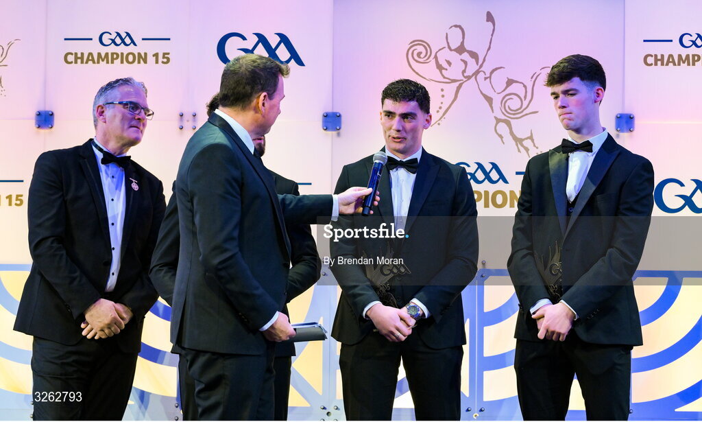 17 October 2025; 2025 Ring, Rackard, and Meagher Team of the Year award winner Roscommon hurler Conor Cosgrove is interviewed by MC Damian Lawlor during the GAA Champion 15 Awards ceremony at Croke Park in Dublin. Photo by Brendan Moran/Sportsfile