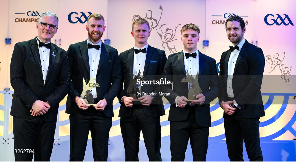 17 October 2025; Uachtarán Chumann Lúthchleas Gael Jarlath Burns, left, and GPA Chief Executive Officer Tom Parsons, right, present Carlow hurler Paul Doyle, second from left, Kildare hurler Rian Boran and Kildare hurler Simon Leacy with their 2025 Joe McDonagh Team of the Year awards during the GAA Champion 15 Awards ceremony at Croke Park in Dublin. Photo by Brendan Moran/Sportsfile