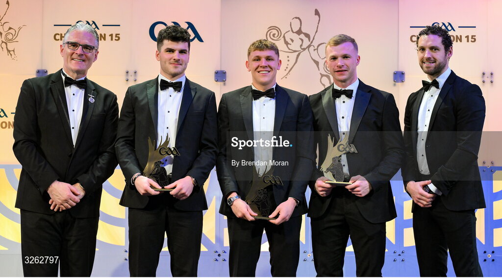 17 October 2025; Uachtarán Chumann Lúthchleas Gael Jarlath Burns, left, and GPA Chief Executive Officer Tom Parsons, right, present Kildare hurler Cian Boran, second from left, Laois hurler Diarmaid Conway and Laois hurler Pádraig Delaney with their 2025 Joe McDonagh Team of the Year awards during the GAA Champion 15 Awards ceremony at Croke Park in Dublin. Photo by Brendan Moran/Sportsfile