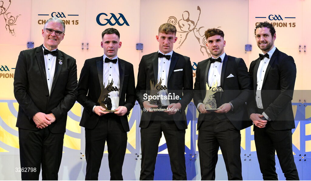 17 October 2025; Uachtarán Chumann Lúthchleas Gael Jarlath Burns, left, and GPA Chief Executive Officer Tom Parsons, right, present Carlow hurler Martin Kavanagh, second from left, Kildare hurler Jack Sheridan and Carlow hurler Chris Nolan with their 2025 Joe McDonagh Team of the Year awards during the GAA Champion 15 Awards ceremony at Croke Park in Dublin. Photo by Brendan Moran/Sportsfile