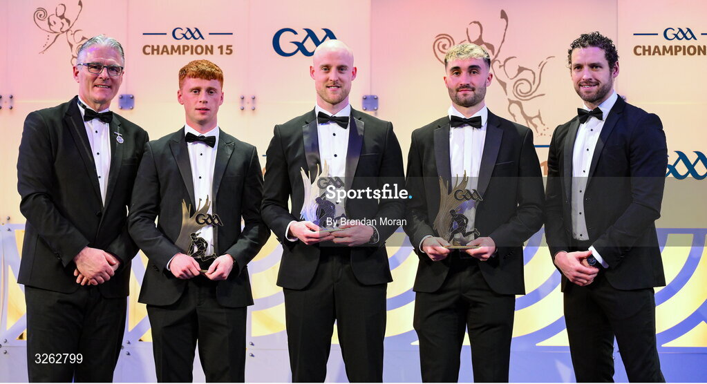 17 October 2025; Uachtarán Chumann Lúthchleas Gael Jarlath Burns, left, and GPA Chief Executive Officer Tom Parsons, right, present Kildare footballer Harry O'Neill, Fermanagh footballer Lee Cullen and Wicklow footballer Malachy Stone with their 2025 Tailteann Cup Team of the Year awards during the GAA Champion 15 Awards ceremony at Croke Park in Dublin. Photo by Brendan Moran/Sportsfile