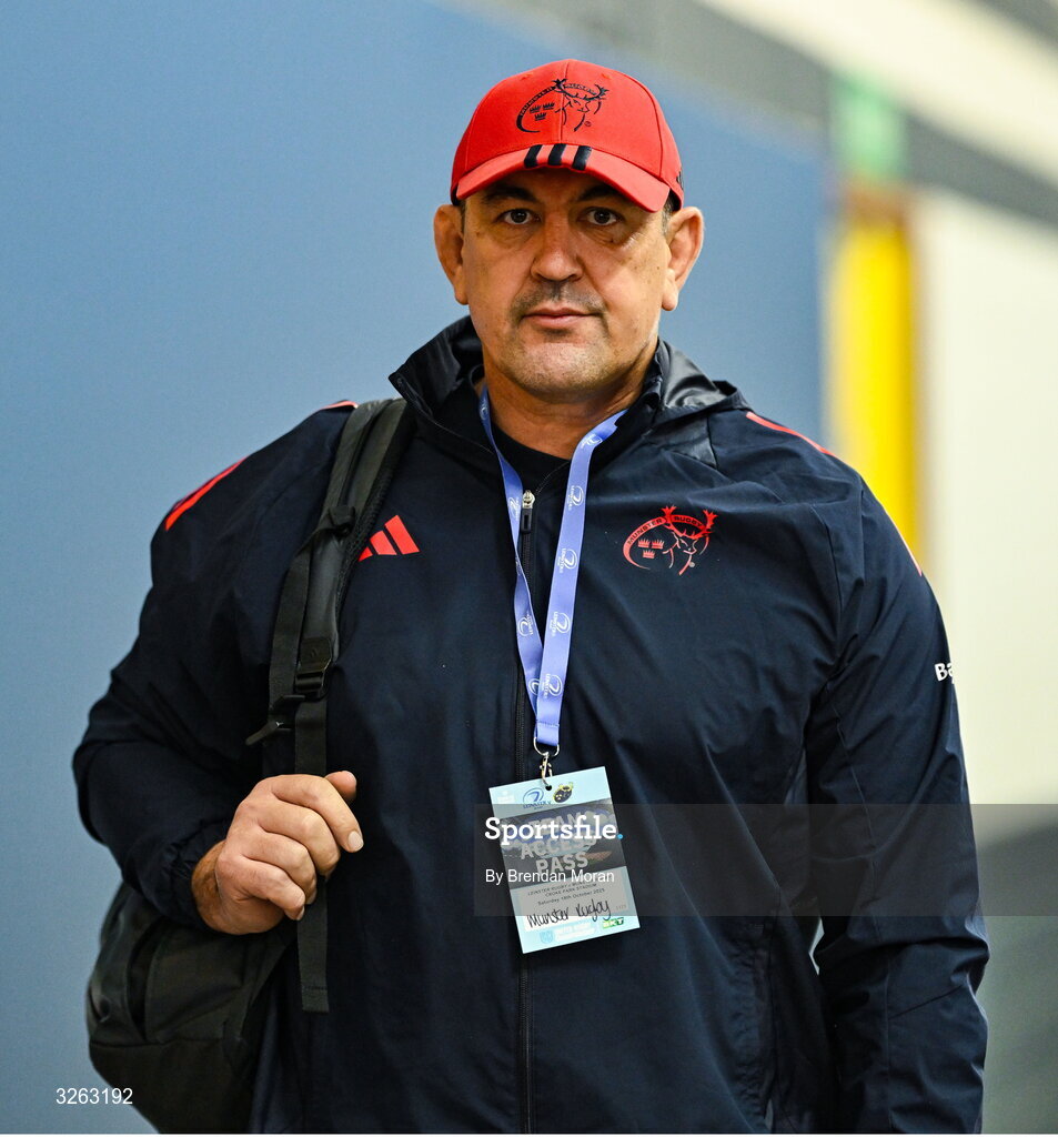 18 October 2025; Munster head coach Clayton McMillan before the United Rugby Championship match between Leinster and Munster at Croke Park in Dublin. Photo by Brendan Moran/Sportsfile