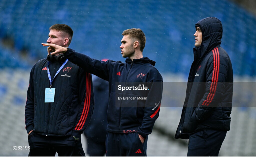 18 October 2025; Munster players, from left, Ben O'Connor, Jack Crowley and Brian Gleeson before the United Rugby Championship match between Leinster and Munster at Croke Park in Dublin. Photo by Brendan Moran/Sportsfile