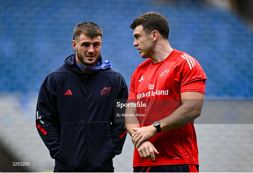 18 October 2025; Alex Nankivell, left, and Tom Farrell of Munster before the United Rugby Championship match between Leinster and Munster at Croke Park in Dublin. Photo by Brendan Moran/Sportsfile