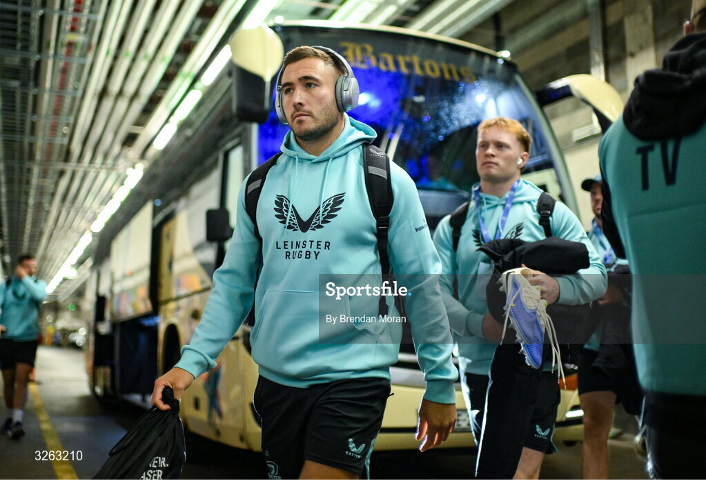 18 October 2025; Jordan Larmour of Leinster arrives before the United Rugby Championship match between Leinster and Munster at Croke Park in Dublin. Photo by Brendan Moran/Sportsfile