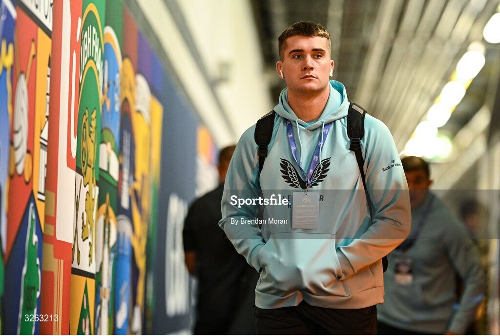 18 October 2025; Brian Deeny of Leinster arrives before the United Rugby Championship match between Leinster and Munster at Croke Park in Dublin. Photo by Brendan Moran/Sportsfile