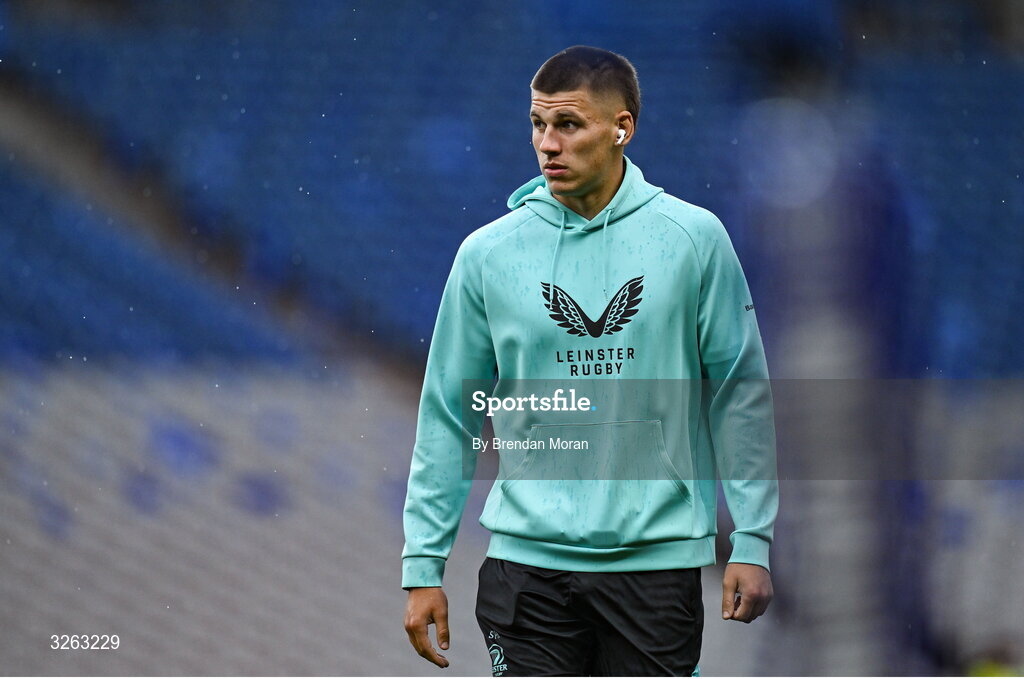 18 October 2025; Sam Prendergast of Leinster before the United Rugby Championship match between Leinster and Munster at Croke Park in Dublin. Photo by Brendan Moran/Sportsfile