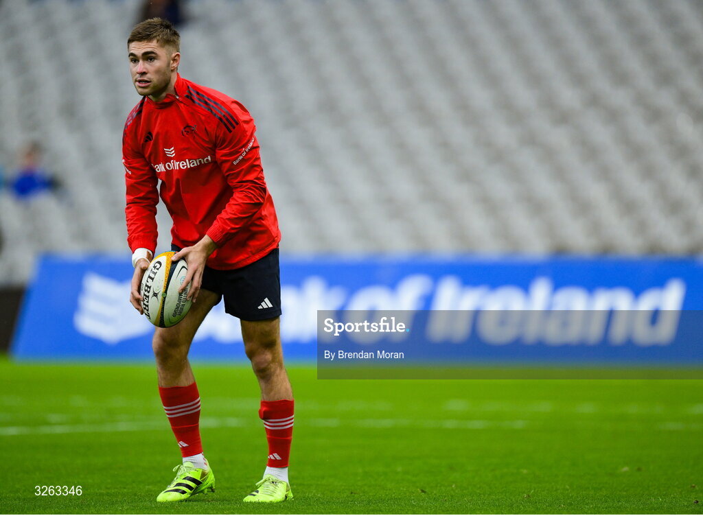 18 October 2025; Jack Crowley of Munster before the United Rugby Championship match between Leinster and Munster at Croke Park in Dublin. Photo by Brendan Moran/Sportsfile