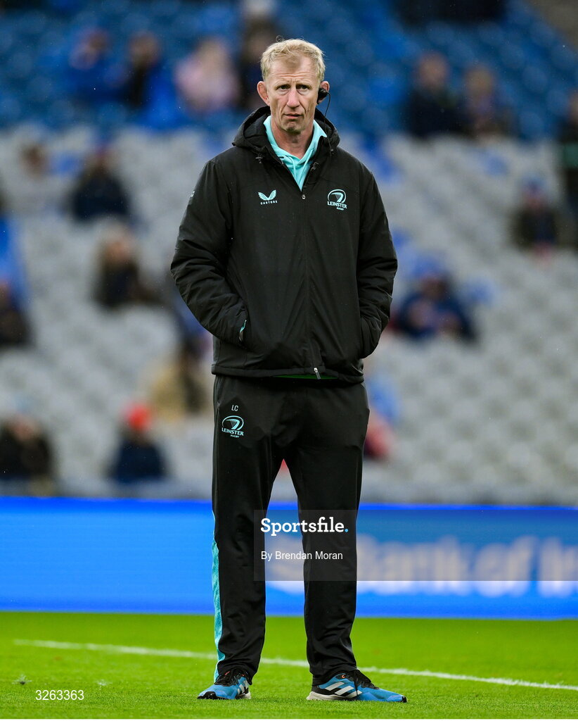 18 October 2025; Leinster head coach Leo Cullen before the United Rugby Championship match between Leinster and Munster at Croke Park in Dublin. Photo by Brendan Moran/Sportsfile