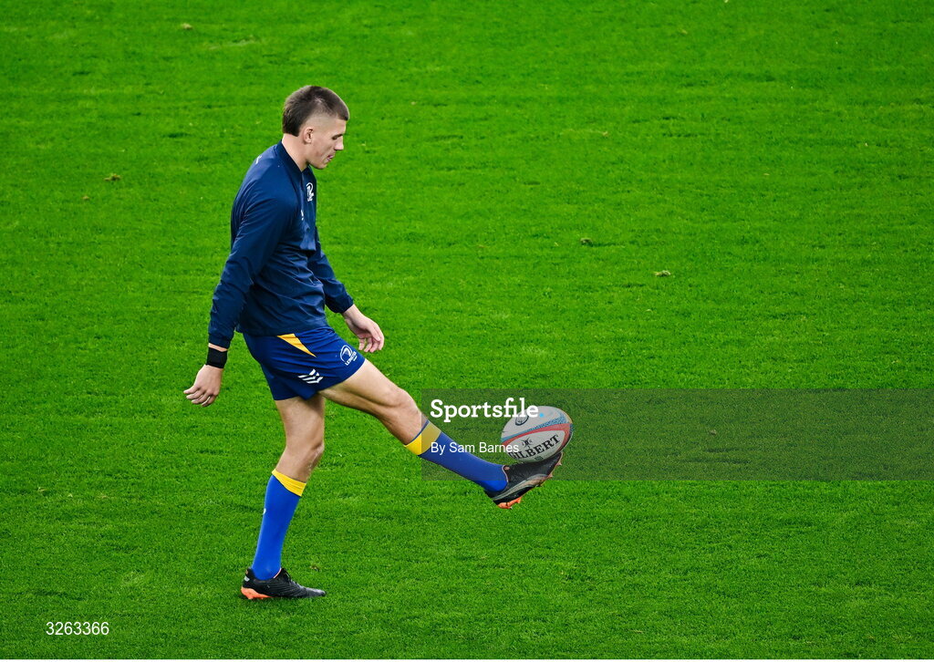 18 October 2025; Sam Prendergast of Leinster before the United Rugby Championship match between Leinster and Munster at Croke Park in Dublin. Photo by Sam Barnes/Sportsfile
