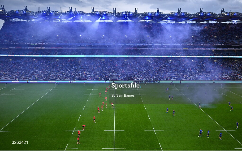 18 October 2025; Players from both sides before kick off in the United Rugby Championship match between Leinster and Munster at Croke Park in Dublin. Photo by Sam Barnes/Sportsfile
