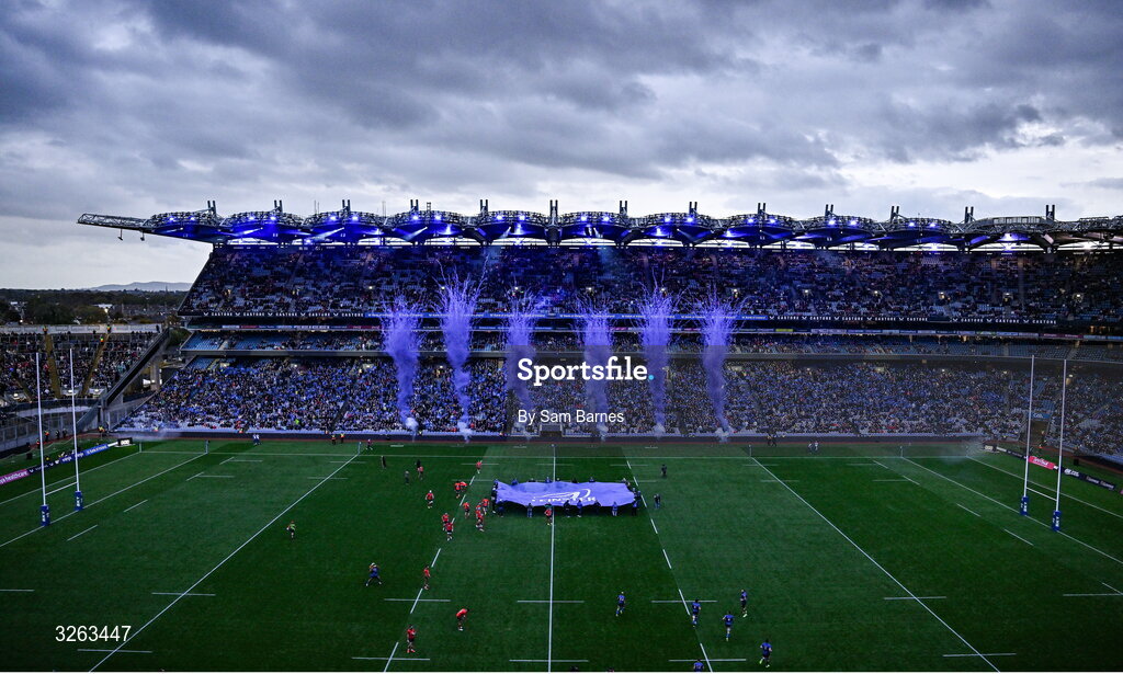 18 October 2025; Players from both side's make their way onto the pitch before the United Rugby Championship match between Leinster and Munster at Croke Park in Dublin. Photo by Sam Barnes/Sportsfile