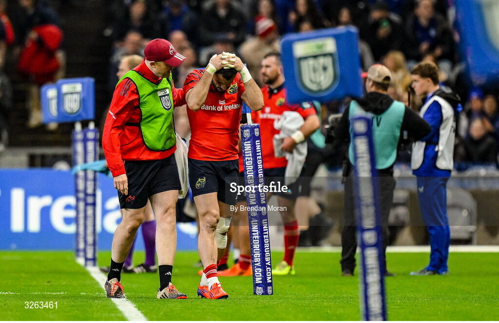 18 October 2025; Andrew Smith of Munster leaves the pitch after picking up an injury during the United Rugby Championship match between Leinster and Munster at Croke Park in Dublin. Photo by Brendan Moran/Sportsfile