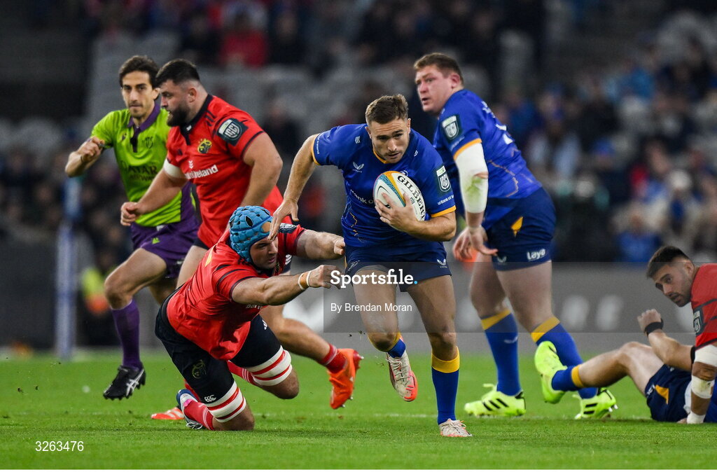 18 October 2025; Jordan Larmour of Leinster in action against Tadhg Beirne of Munster during the United Rugby Championship match between Leinster and Munster at Croke Park in Dublin. Photo by Brendan Moran/Sportsfile