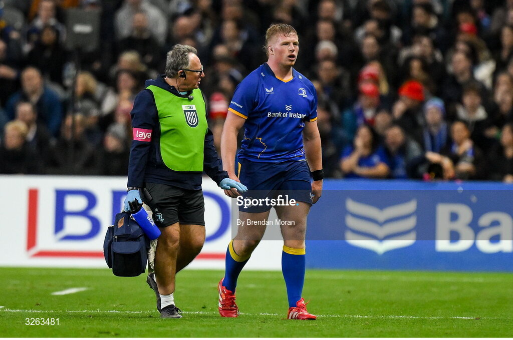18 October 2025; Paddy McCarthy of Leinster leaves the pitch for a head injury assessment during the United Rugby Championship match between Leinster and Munster at Croke Park in Dublin. Photo by Brendan Moran/Sportsfile