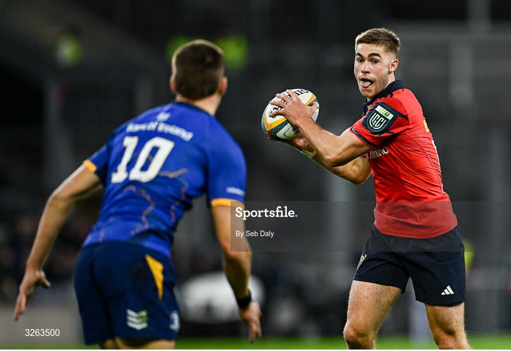 18 October 2025; Jack Crowley of Munster during the United Rugby Championship match between Leinster and Munster at Croke Park in Dublin. Photo by Seb Daly/Sportsfile