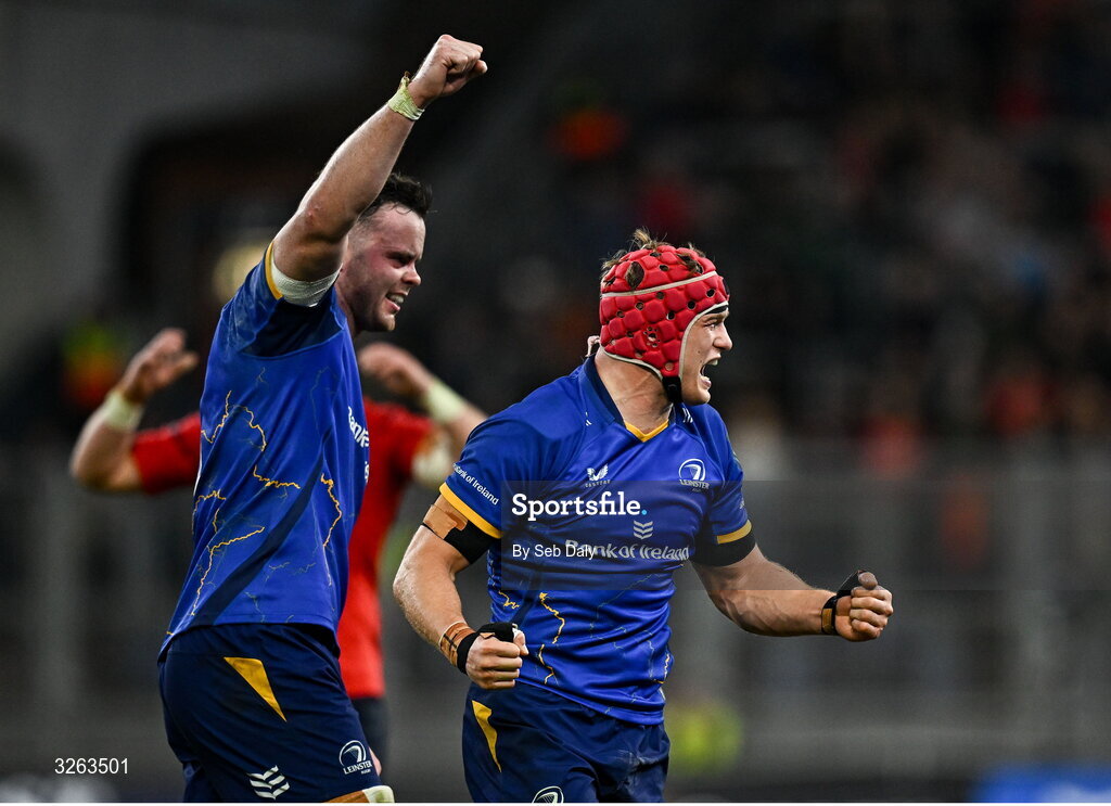 18 October 2025; Josh van der Flier of Leinster, right, and team-mate James Ryan celebrate winning a penalty during the United Rugby Championship match between Leinster and Munster at Croke Park in Dublin. Photo by Seb Daly/Sportsfile