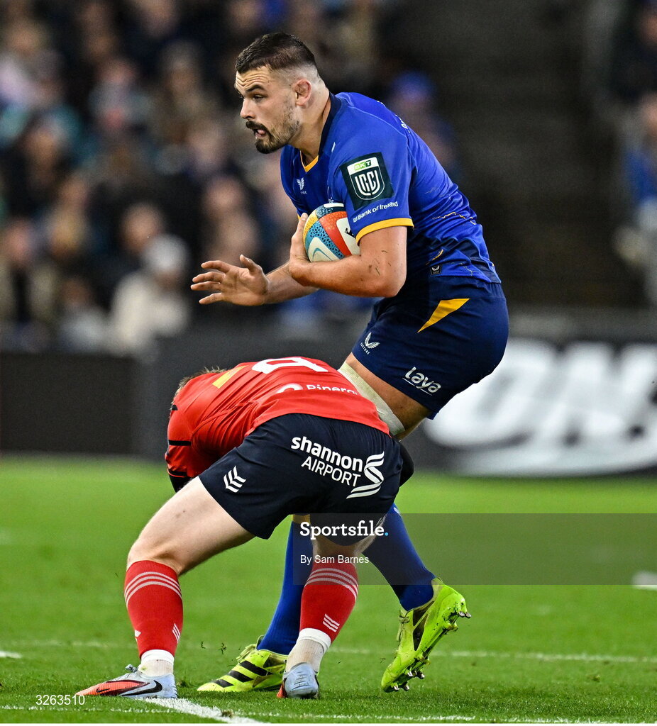 18 October 2025; Max Deegan of Leinster in action against Ethan Coughlan of Munster during the United Rugby Championship match between Leinster and Munster at Croke Park in Dublin. Photo by Sam Barnes/Sportsfile