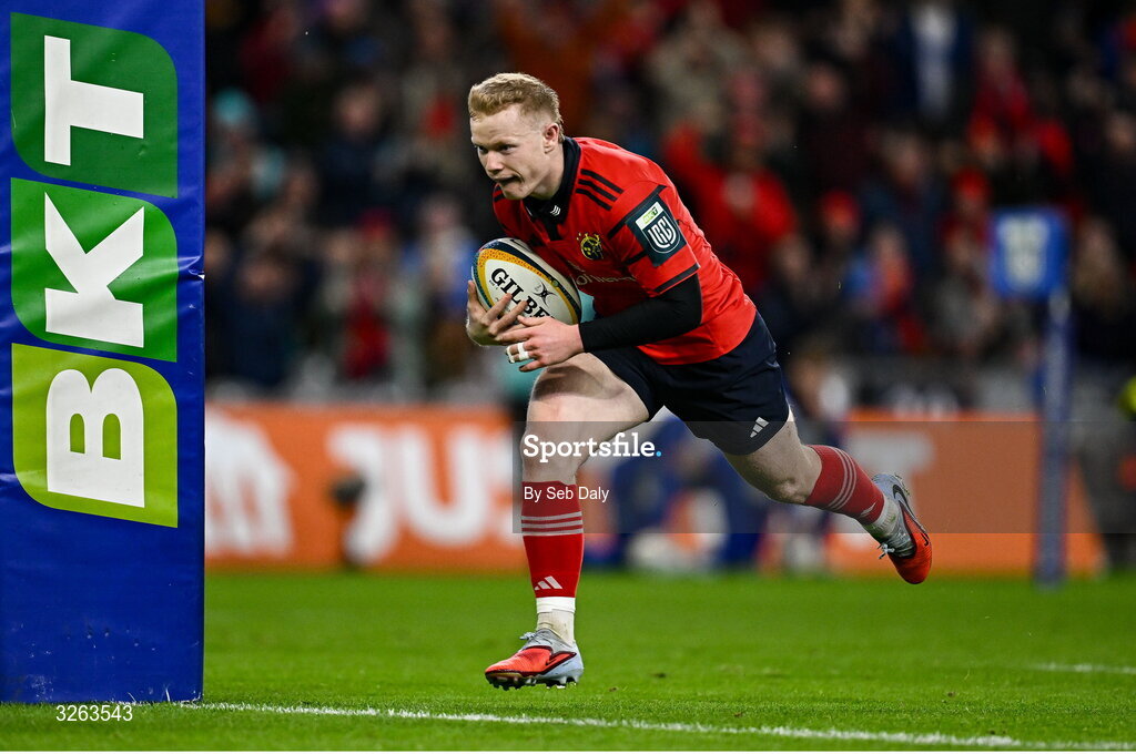 18 October 2025; Ethan Coughlan of Munster scores his side's third try during the United Rugby Championship match between Leinster and Munster at Croke Park in Dublin. Photo by Seb Daly/Sportsfile