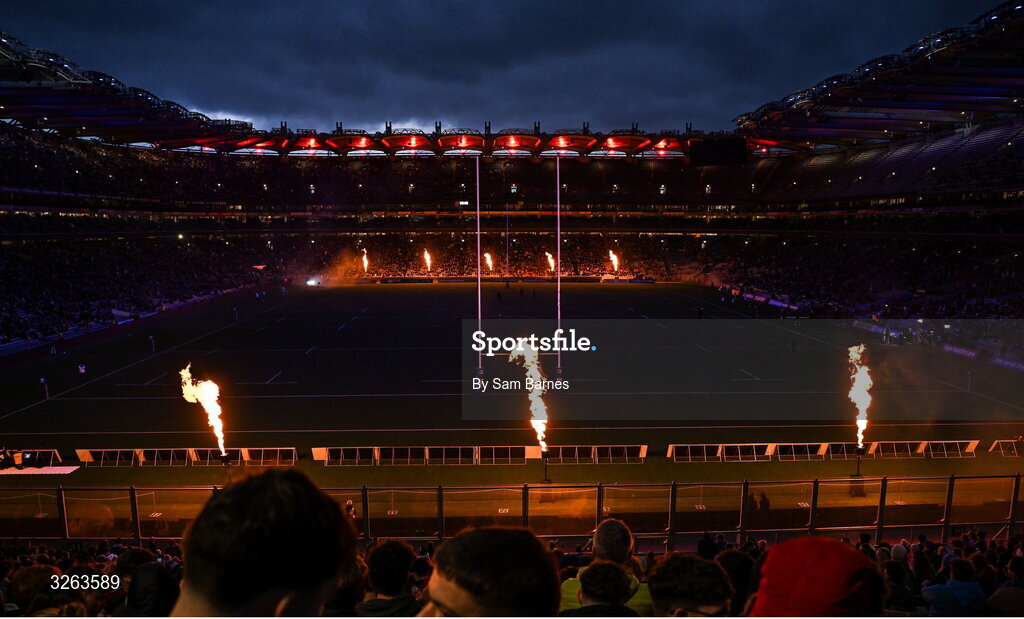 18 October 2025; A general view of Croke Park during the light show at half-time in the United Rugby Championship match between Leinster and Munster at Croke Park in Dublin. Photo by Sam Barnes/Sportsfile