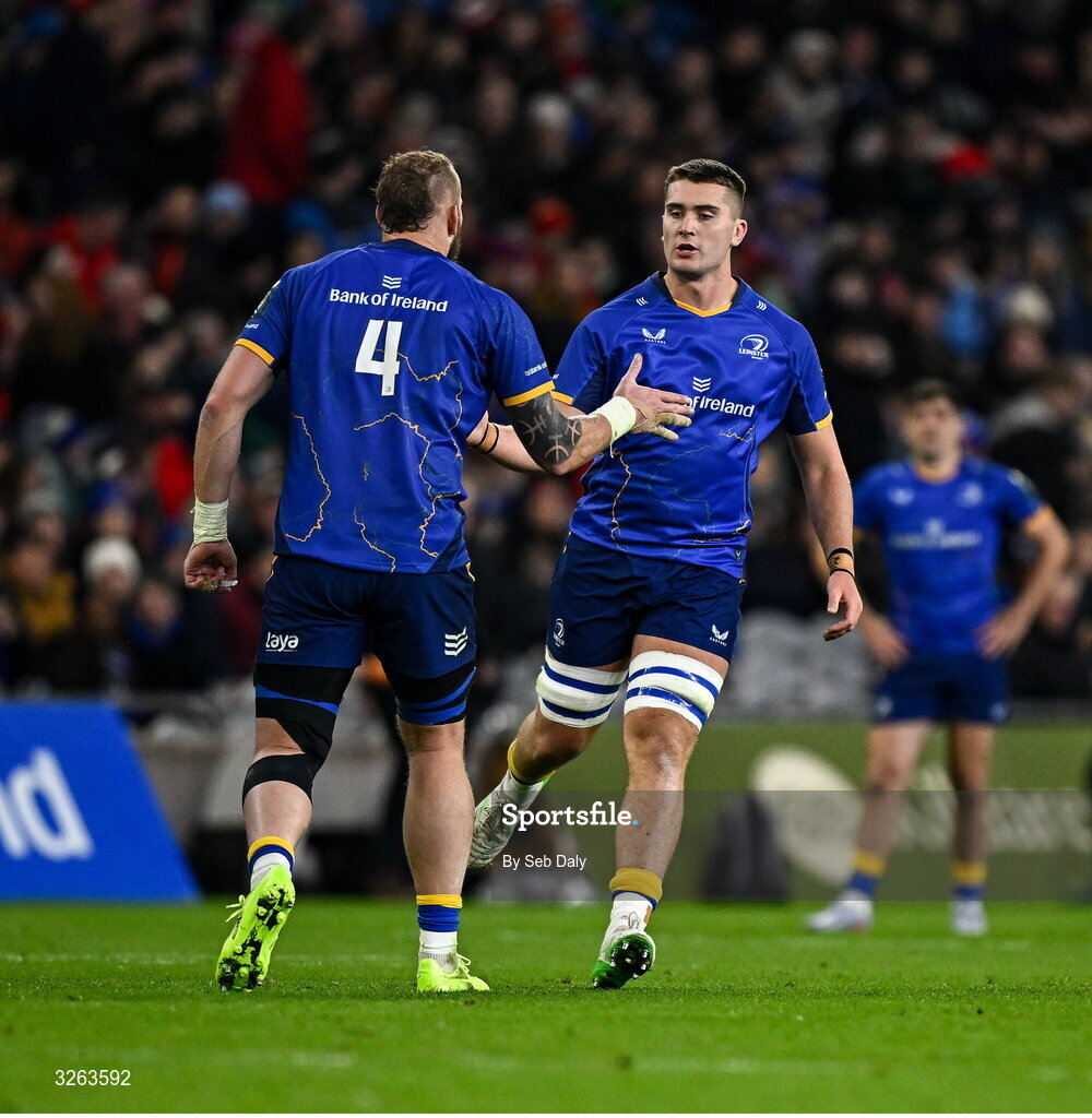 18 October 2025; Brian Deeny of Leinster, right, replaces team-mate RG Snyman, 4, during the United Rugby Championship match between Leinster and Munster at Croke Park in Dublin. Photo by Seb Daly/Sportsfile