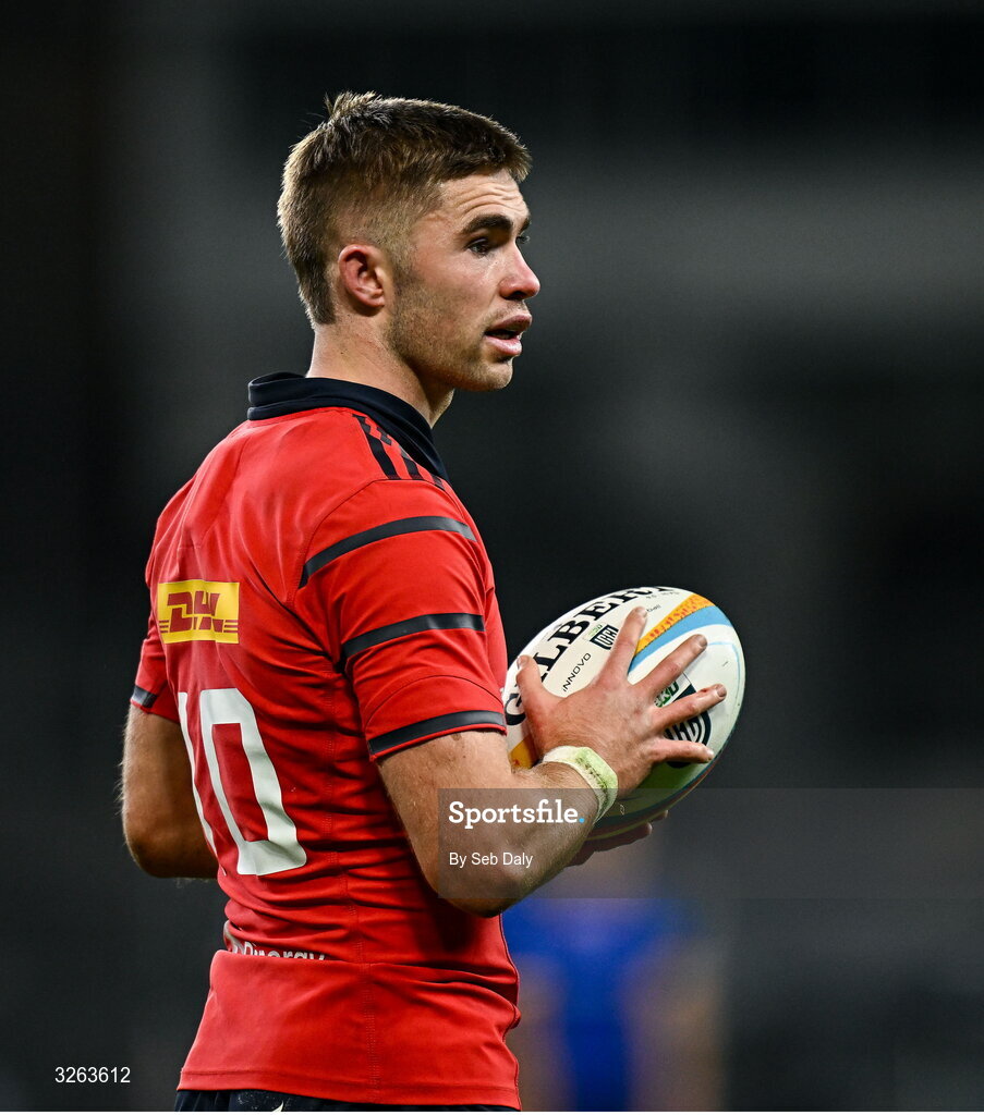 18 October 2025; Jack Crowley of Munster during the United Rugby Championship match between Leinster and Munster at Croke Park in Dublin. Photo by Seb Daly/Sportsfile