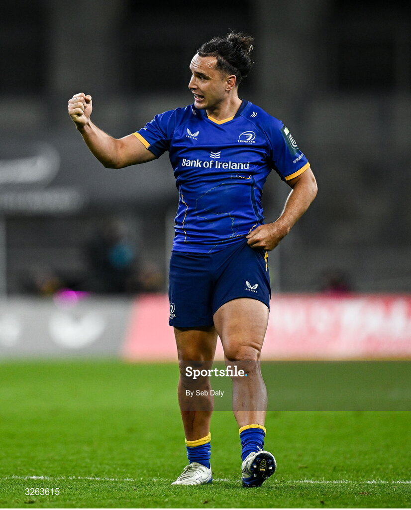 18 October 2025; James Lowe of Leinster celebrates his side winning a penalty during the United Rugby Championship match between Leinster and Munster at Croke Park in Dublin. Photo by Seb Daly/Sportsfile
