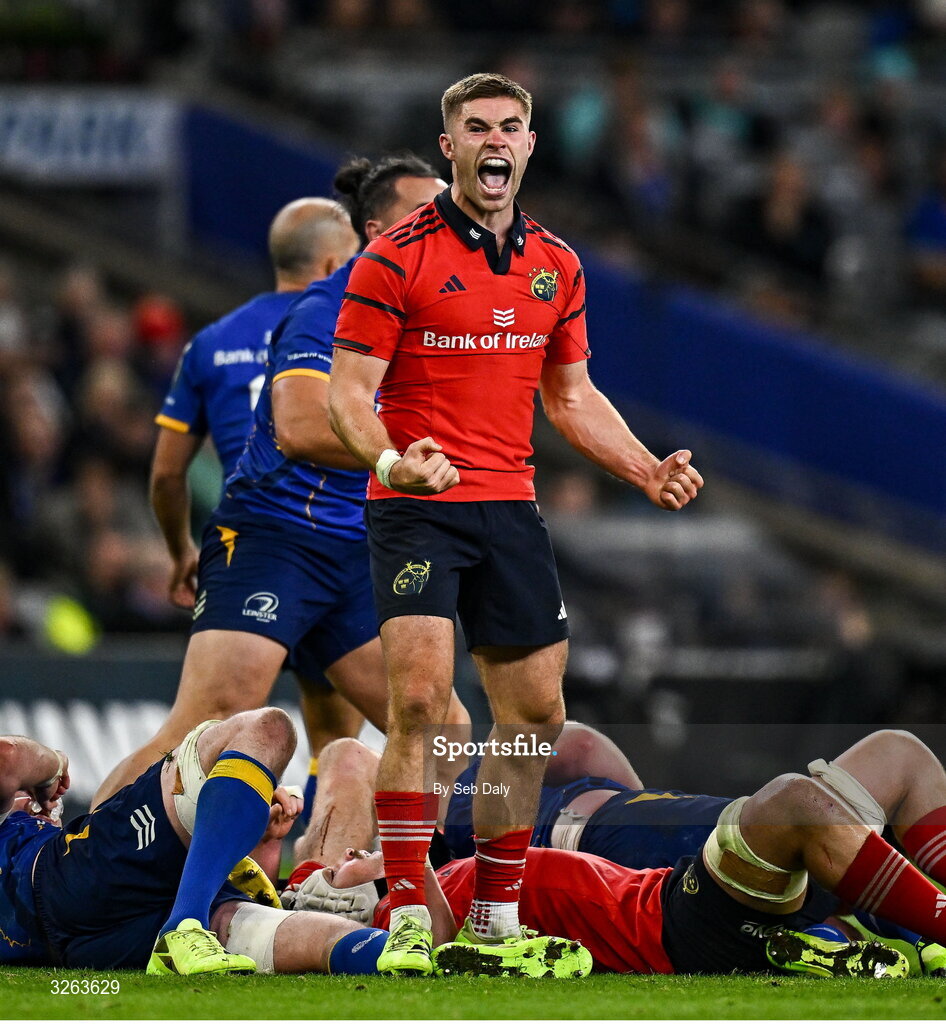 18 October 2025; Jack Crowley of Munster celebrates during the United Rugby Championship match between Leinster and Munster at Croke Park in Dublin. Photo by Seb Daly/Sportsfile