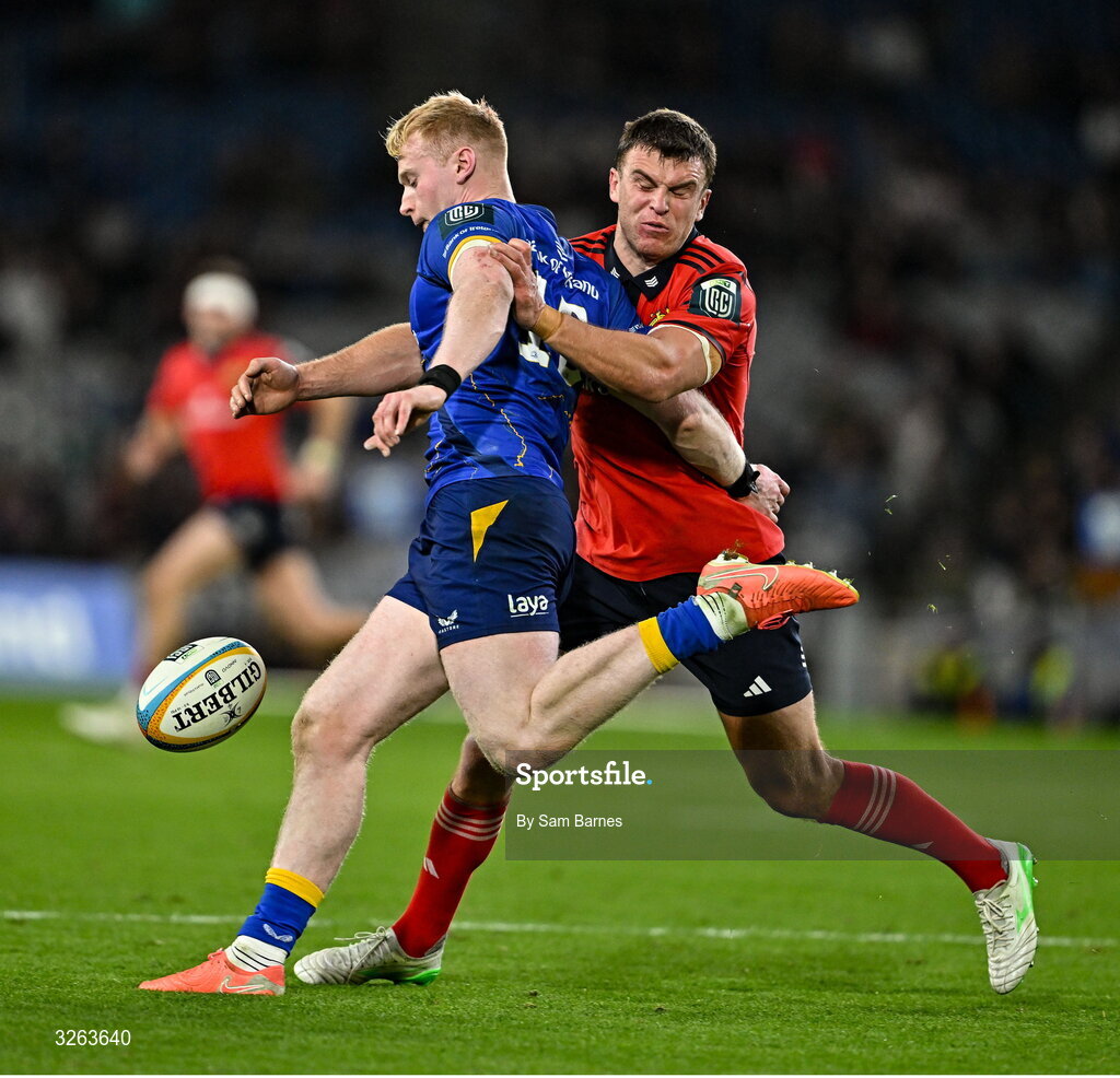 18 October 2025; Jamie Osborne of Leinster is tackled by Tom Farrell of Munster during the United Rugby Championship match between Leinster and Munster at Croke Park in Dublin. Photo by Sam Barnes/Sportsfile