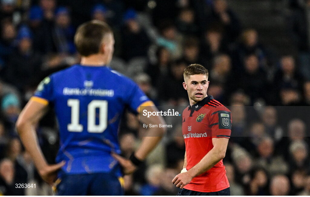18 October 2025; Jack Crowley of Munster during the United Rugby Championship match between Leinster and Munster at Croke Park in Dublin. Photo by Sam Barnes/Sportsfile