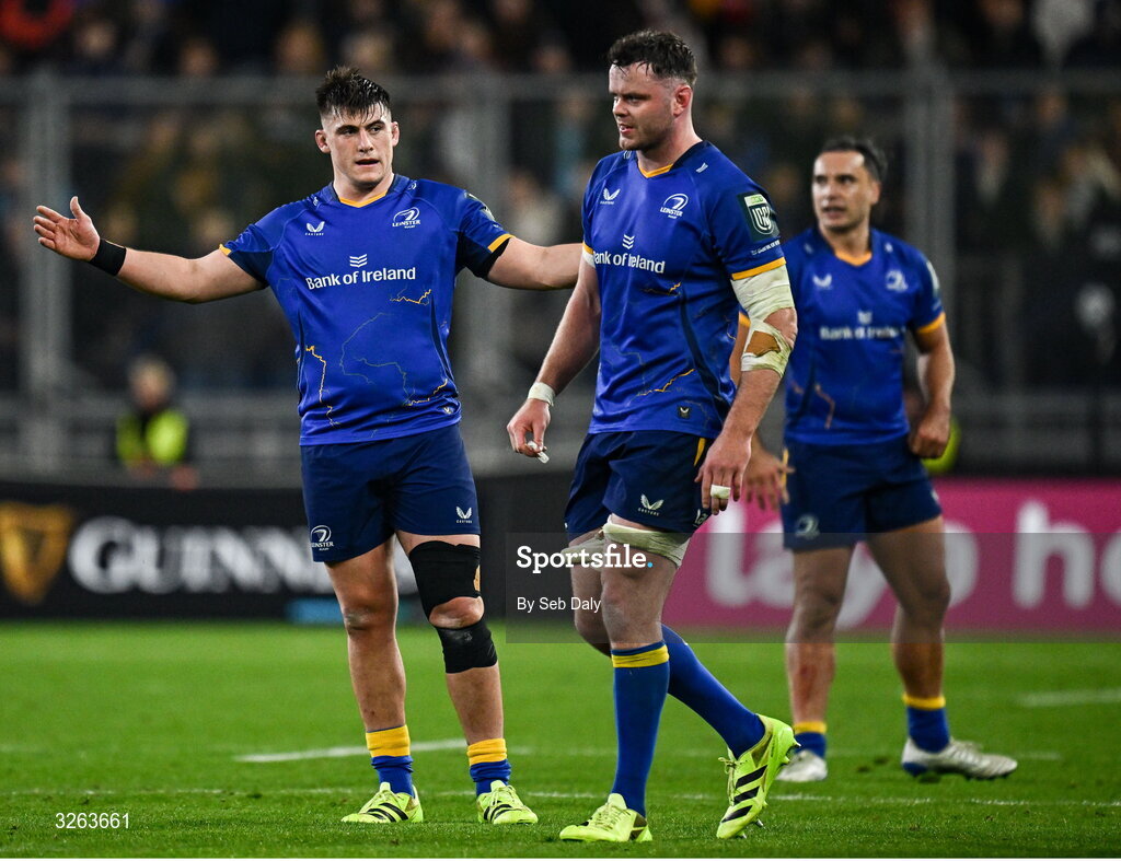 18 October 2025; Dan Sheehan of Leinster, left, reacts during the United Rugby Championship match between Leinster and Munster at Croke Park in Dublin. Photo by Seb Daly/Sportsfile