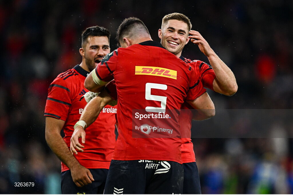 18 October 2025; Jack Crowley, right, and Fineen Wycherley of Munster after the United Rugby Championship match between Leinster and Munster at Croke Park in Dublin. Photo by Seb Daly/Sportsfile
