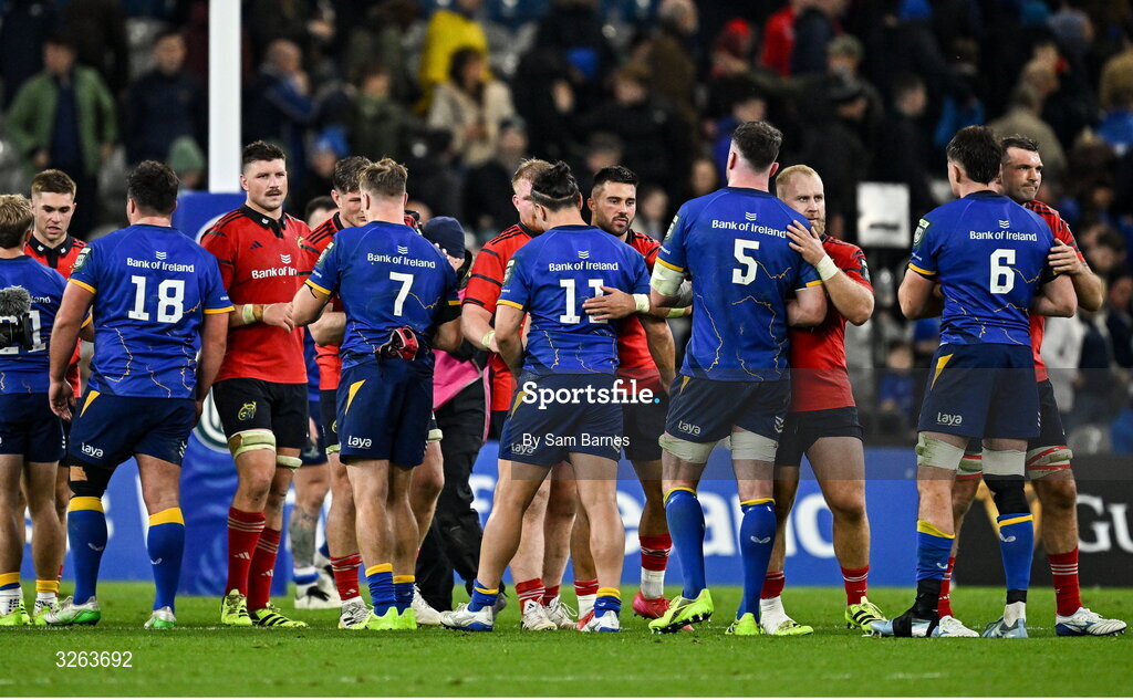 18 October 2025; Leinster players and Munster players shake hands after the United Rugby Championship match between Leinster and Munster at Croke Park in Dublin. Photo by Sam Barnes/Sportsfile