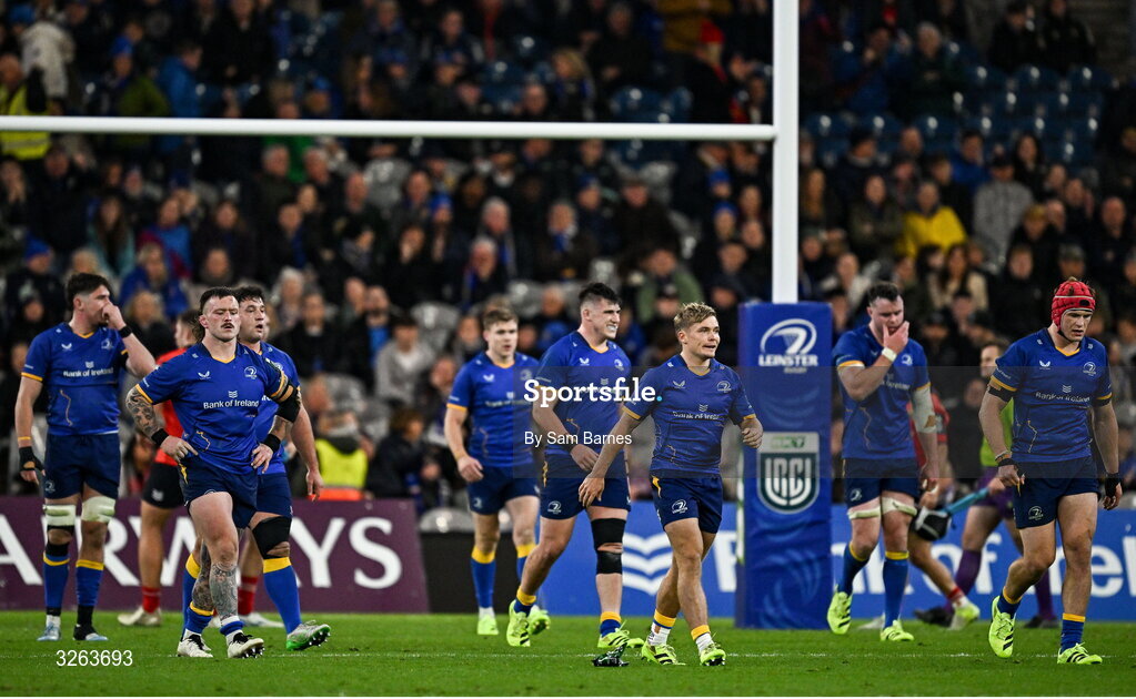 18 October 2025; Leinster players after their side's defeat in the United Rugby Championship match between Leinster and Munster at Croke Park in Dublin. Photo by Sam Barnes/Sportsfile