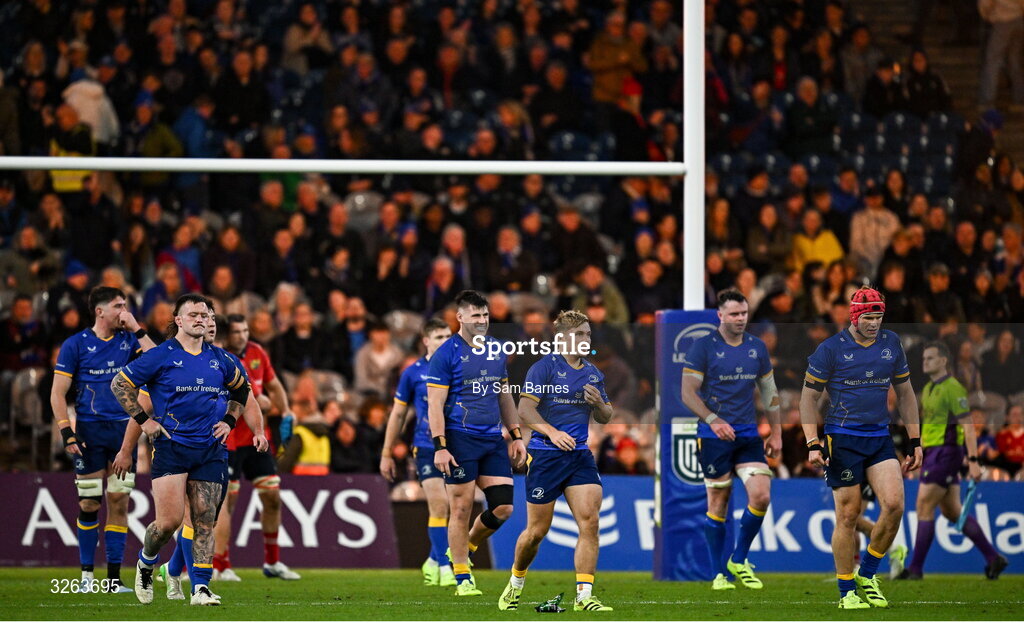 18 October 2025; Leinster players after their side's defeat in the United Rugby Championship match between Leinster and Munster at Croke Park in Dublin. Photo by Sam Barnes/Sportsfile
