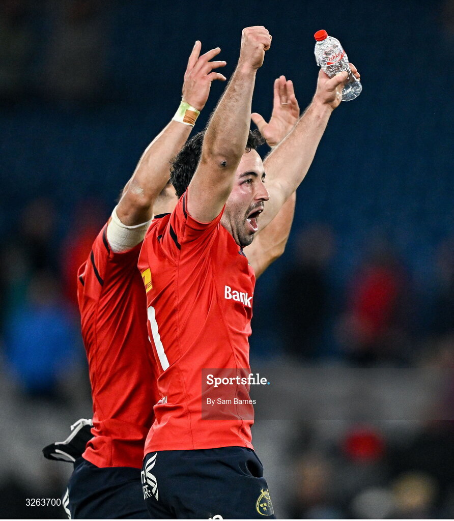 18 October 2025; Paddy Patterson of Munster celebrates after the United Rugby Championship match between Leinster and Munster at Croke Park in Dublin. Photo by Sam Barnes/Sportsfile
