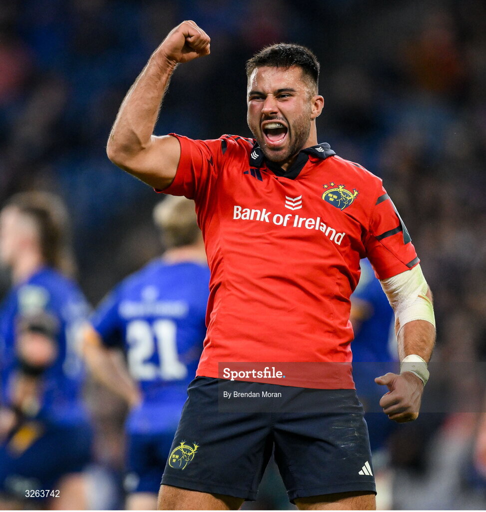 18 October 2025; Dan Kelly of Munster celebrates after the United Rugby Championship match between Leinster and Munster at Croke Park in Dublin. Photo by Brendan Moran/Sportsfile