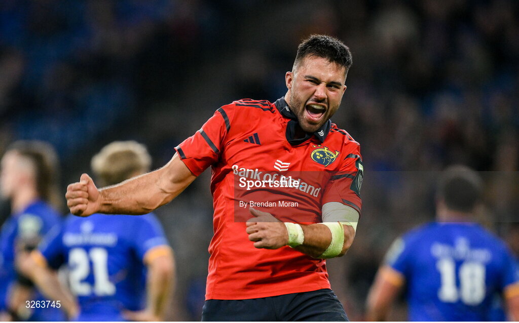 18 October 2025; Dan Kelly of Munster celebrates after the United Rugby Championship match between Leinster and Munster at Croke Park in Dublin. Photo by Brendan Moran/Sportsfile
