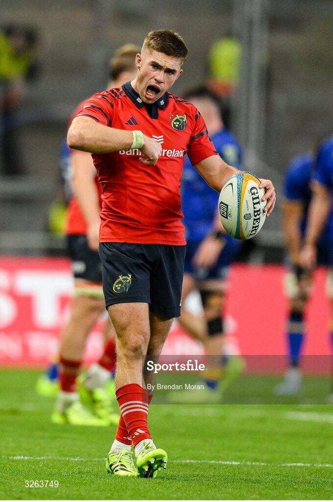 18 October 2025; Jack Crowley of Munster celebrates during the United Rugby Championship match between Leinster and Munster at Croke Park in Dublin. Photo by Brendan Moran/Sportsfile