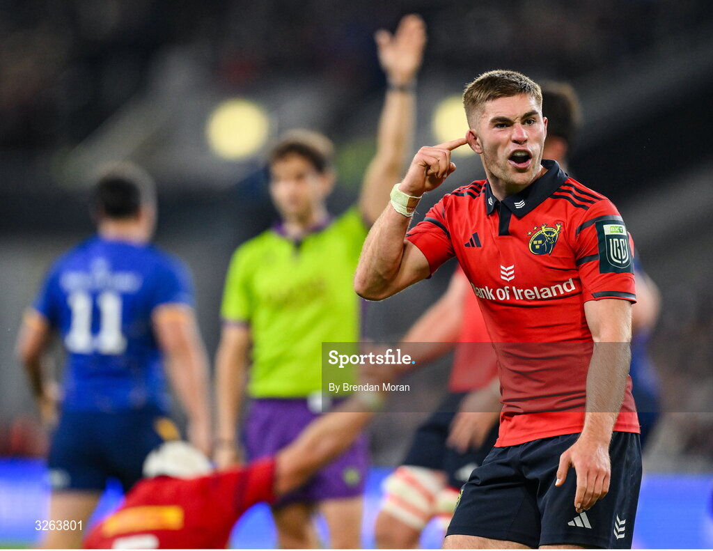 18 October 2025; Jack Crowley of Munster reacts to the crowd after winning a turnover during the United Rugby Championship match between Leinster and Munster at Croke Park in Dublin. Photo by Brendan Moran/Sportsfile