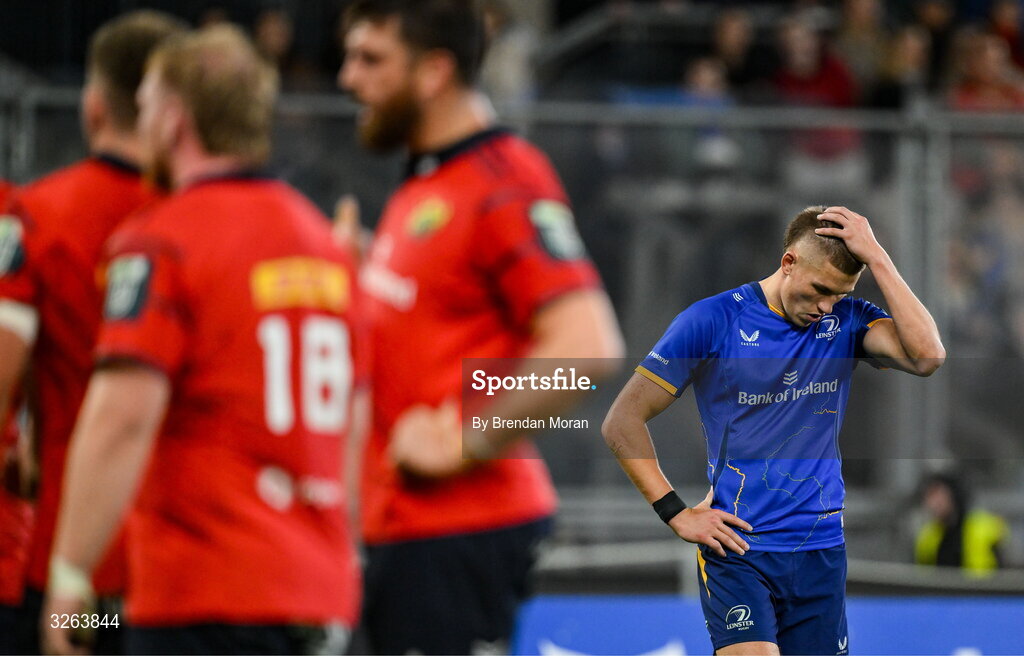 18 October 2025; Sam Prendergast of Leinster reacts as Munster are awarded a penalty try during the United Rugby Championship match between Leinster and Munster at Croke Park in Dublin. Photo by Brendan Moran/Sportsfile