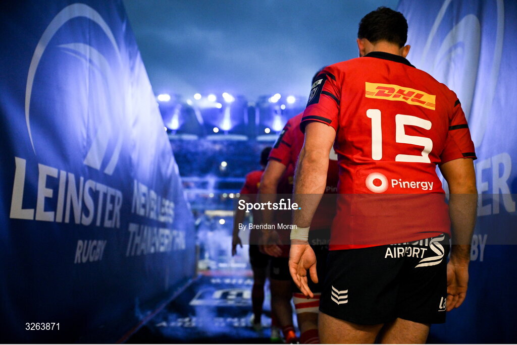 18 October 2025; Shane Daly of Munster makes his way to the pitch during the United Rugby Championship match between Leinster and Munster at Croke Park in Dublin. Photo by Brendan Moran/Sportsfile