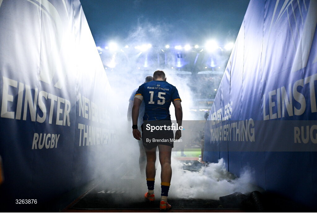 18 October 2025; Jamie Osborne of Leinster makes his way to the pitch during the United Rugby Championship match between Leinster and Munster at Croke Park in Dublin. Photo by Brendan Moran/Sportsfile