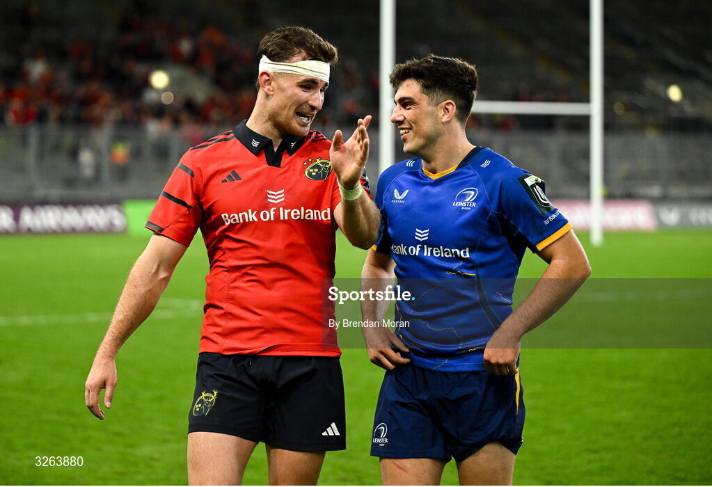 18 October 2025; Shane Daly of Munster, left, and Jimmy O'Brien of Leinster after the United Rugby Championship match between Leinster and Munster at Croke Park in Dublin. Photo by Brendan Moran/Sportsfile