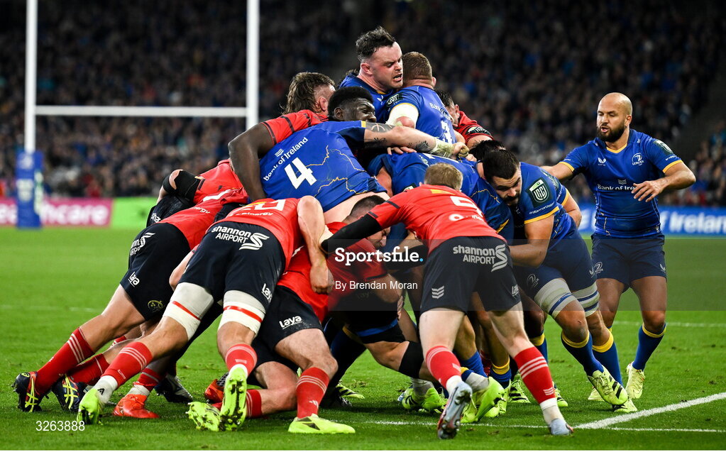 18 October 2025; James Ryan of Leinster controls a maul during the United Rugby Championship match between Leinster and Munster at Croke Park in Dublin. Photo by Brendan Moran/Sportsfile