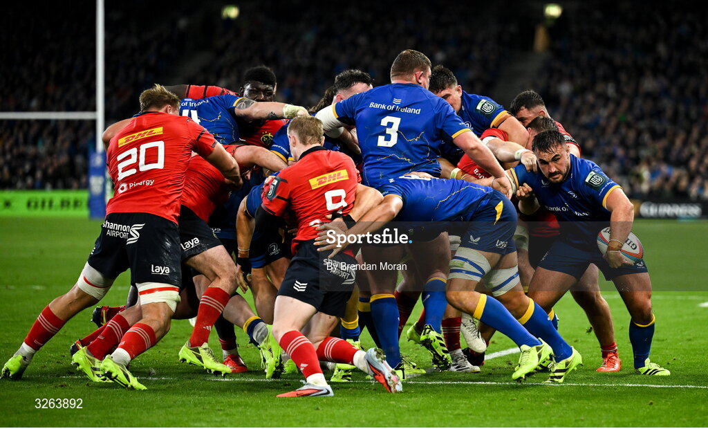 18 October 2025; Rónan Kelleher of Leinster attempts to get away from a maul with the ball during the United Rugby Championship match between Leinster and Munster at Croke Park in Dublin. Photo by Brendan Moran/Sportsfile